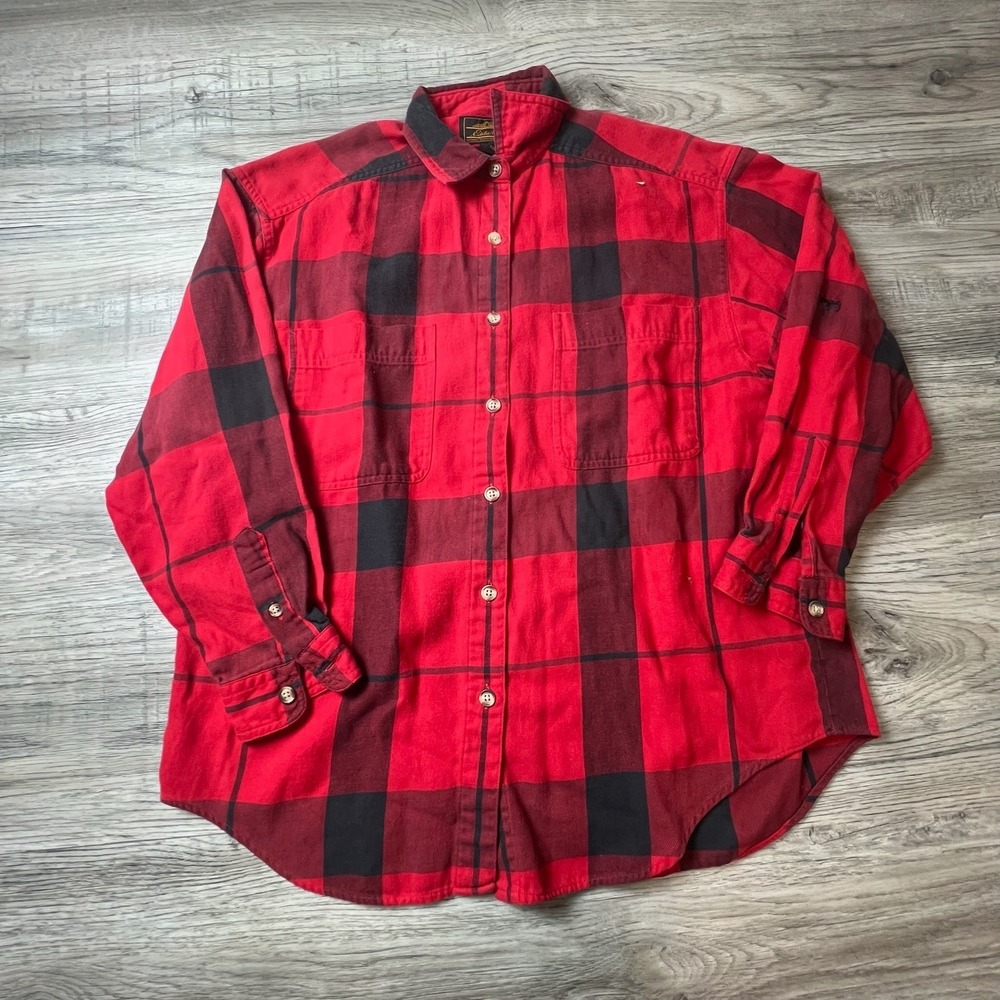 Eddie Bauer Flannel Shirt Mens Small Red Black Buffalo Plaid Cotton Button vtg